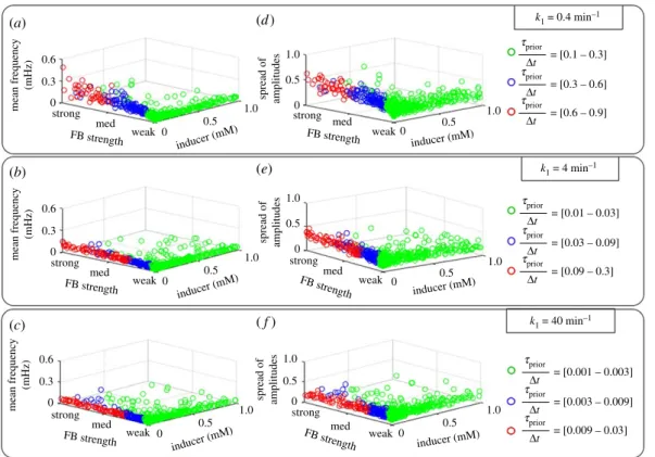 Figure 11. Oscillatory dynamics of autorepressed genes as a function of feedback strength and t prior / Dt
