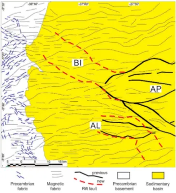 Figure 4. (a) Residual component of the magnetic field reduced to the pole and (b) major magnetic lineaments and Euler solutions; (c) residual gravity anomaly map and (d) major gravity lineaments and Euler solutions
