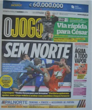 Figura  8:  Exemplo  de  manchete  negativa  -  Jornal  O  Jogo  do  dia  7  de  janeiro  de  2016 