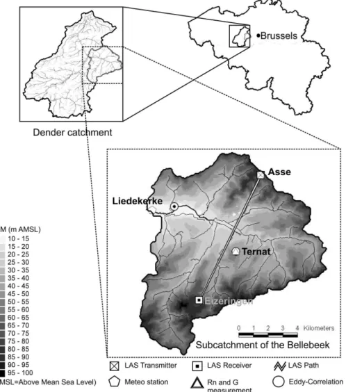 Fig. 1. The location of the study site in Belgium, a DEM of the study area and the location of the meteorologic stations and the LAS in the study area.
