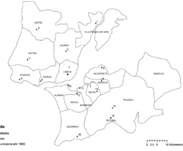 Figura 1. Localização das 16 povoações do território em análise em 1900. 