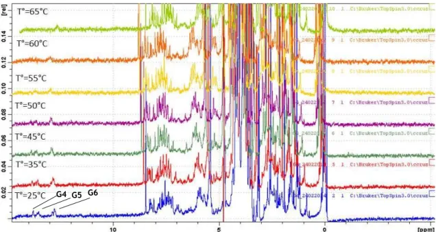 Figura  18-  Espectros  de  RMN  de   1 H  do  varrimento  de  temperaturas  da  sequência  [d(TAGGGT)] 4    em  tampão 70 mM KCl e 10 mM KH 2 PO 4  (pH=7,2)