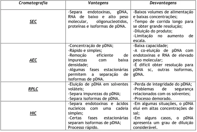Tabela  3:  Vantagens  e  desvantagens  de  algumas  técnicas  cromatográficas  para  purificação  de  pDNA  (adaptado de [6] )