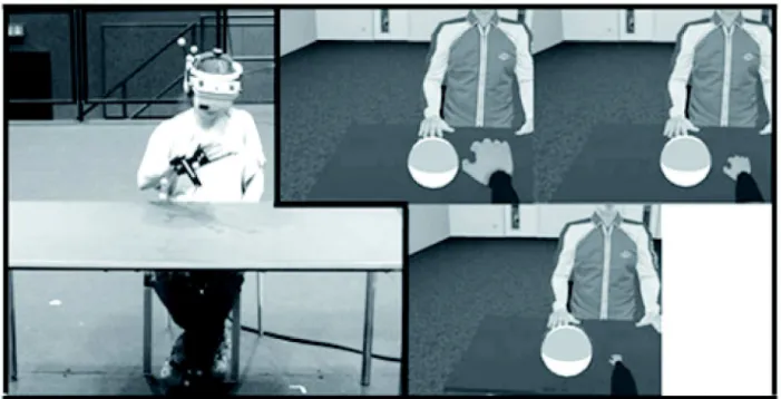 Figure 1.  Left: Participant in experimental set-up; Right: View of participant for the three different hand size conditions (large, medium, small)