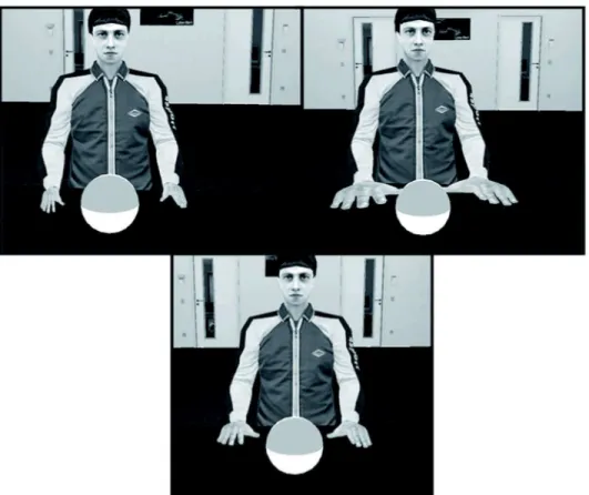 Figure 4.  Experimental setup for Experiment 2 including the views of the participant of the virtual male character and his three different hand sizes for the different conditions