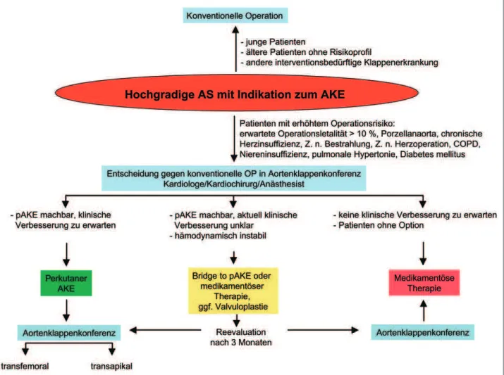 Abbildung 2: Entscheidungsbaum zur Therapie der hochgradigen Aortenstenose bei Patienten mit Indikation zum Aortenklappenersatz (AKE = Aortenklappenersatz; pAKE = perkutaner Aortenklappenersatz; AS = Aortenstenose)