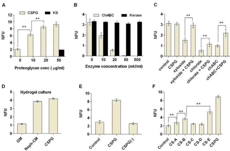 Figure 3. Specificity of CSPG mediated stimulation of nsph formation. Cells were plated at 2 6 10 3 cells/ml and NFUs measured after five days of culture as described in figure 1 (except D)