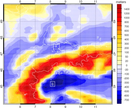 Fig. 2. Di ff erence between e ff ective and TM4 model terrain height (h eff −h TM4 ) in meters