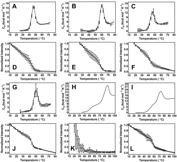 Figure 4. Thermal denaturation of C2AB using DSC (A–C, G–I) and FLT (D–F, J–L) methods