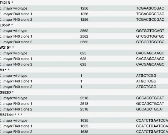 Table 1. Identification of point mutations previously identified in MIL-resistant L. donovani (T421N, L856P, W210 * , M1) and L