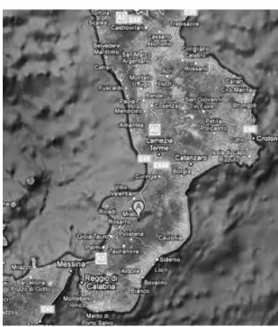 Fig. 1: Italia. Mapa de Calabria. “A” muestra el territorio objeto del estudio