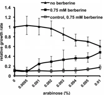 Figure 7. Over-expression of ftsZ and its effect on E. coli growth in the presence and absence of berberine