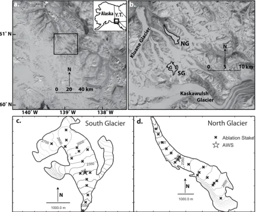 Fig. 1. Map of study region. (a) St. Elias Mountains in Southwest Yukon Territory, Canada (in- (in-set)
