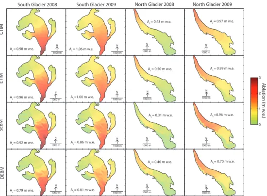 Fig. 4. Distributed surface ablation simulated in the control run by each model for each glacier and year