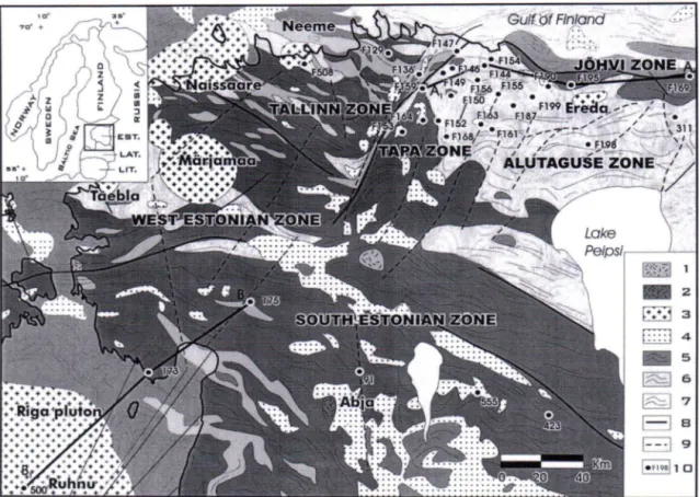 Fig. 1. Basement lithologies and structure after Koistinen (1994) and locations of the drill cores studied
