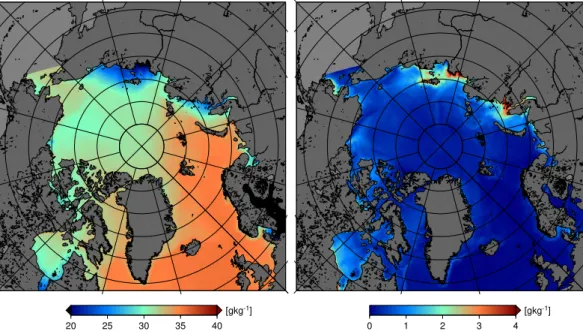 Fig. 4. Mean and standard deviation of weekly sea surface salinity for the winter period from October to April, based on 8 yr of daily model output.