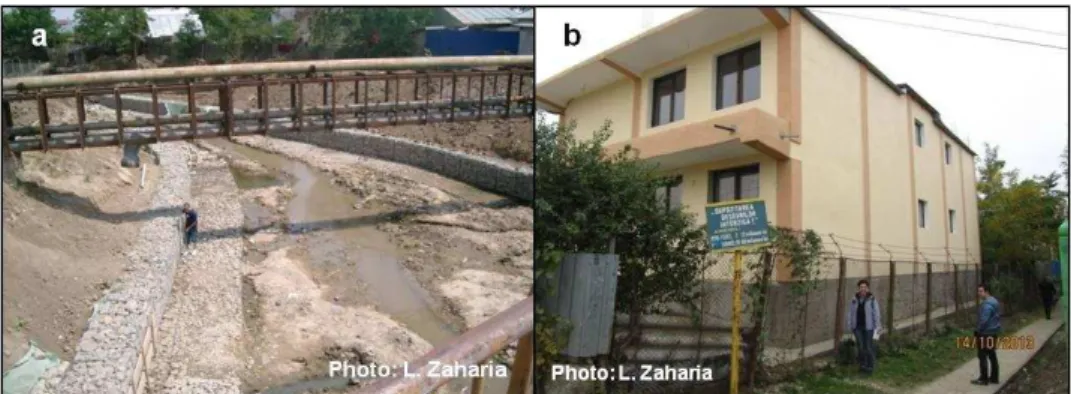 Fig. 3. Engineering works on Tecucel River in August 2009 (a). New house adapted to  flood risk (with an elevated foundation) (b) 