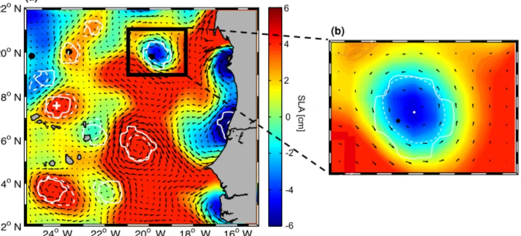 Figure 4. Snapshot of the SLA for 22 December 2010, with the results of the eddy-detection methods: OW method (solid white line) and the GEO method (dashed white line) with geostrophic velocities superimposed (black arrows)