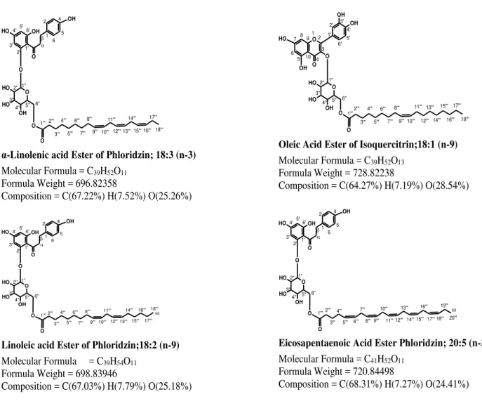 Figure 2.  Structures of selected novel in vitro antihypertensive fatty acid esters of Isoquercitrin  and Phloridzin 