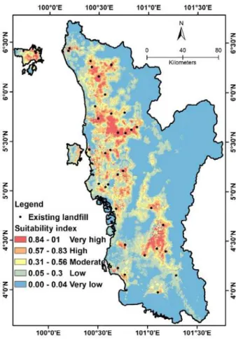 Figure 27. Solid waste landfill sites suitability map produced by  NN toolbox 