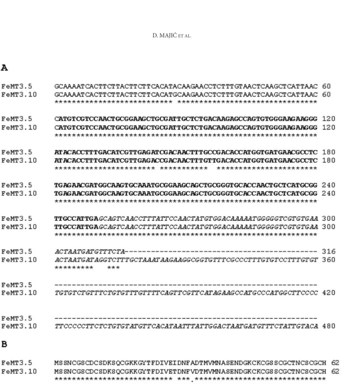 Fig. 1. Sequence alignment among pFeMT3.5 and pFeMT3.10 clones and their predicted amino acid sequences
