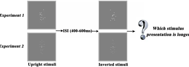 Fig 1. Task design. Experiment 1 employed scrambled biological motion (BM) sequences. Either an upright or an inverted scrambled BM stimulus was presented for an interval, followed by an interstimulus interval (ISI) and then the other stimulus