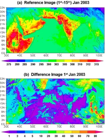Fig. 1. An example of (a) reference image (1–15 January 2003) and (b) difference image for 1 January 2003.