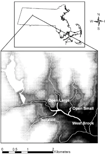 Figure 5. Map of the study area watershed in western Massachusetts, USA. Study area indicated by bold white lines.