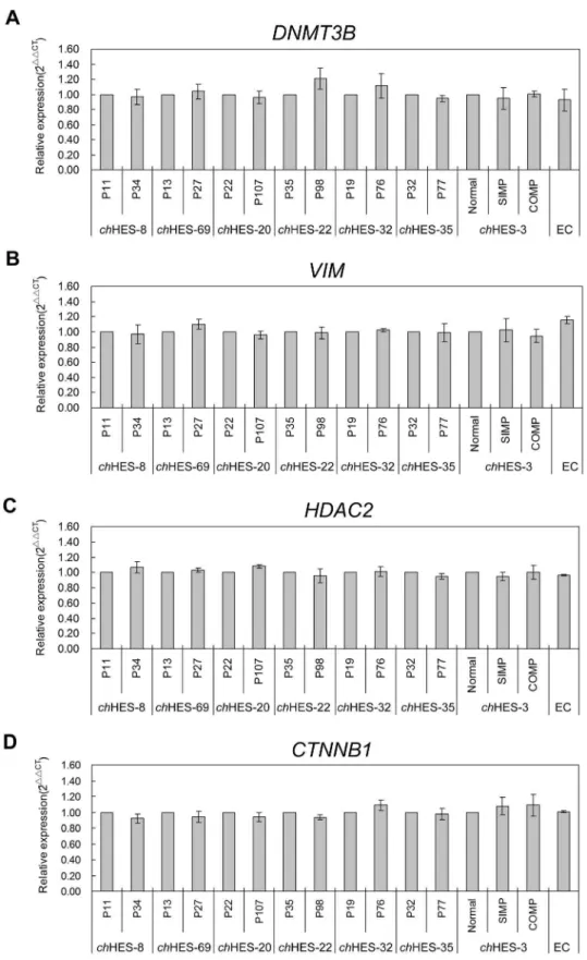 Figure 8. Copy number variation comparison of four differentially expressed genes. Quantification of DNMT3B , VIM , CTNNB1 and HDAC2 in abnormal and normal ch HES-3 cell lines, EC cells and six pairs of hESC lines at early and late passage ( ch HES-8 P11/P
