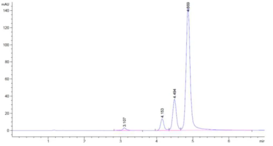 Figure 3.  HPLC chromatogram of curcuminoids (curcumin peak at 4.869 min).