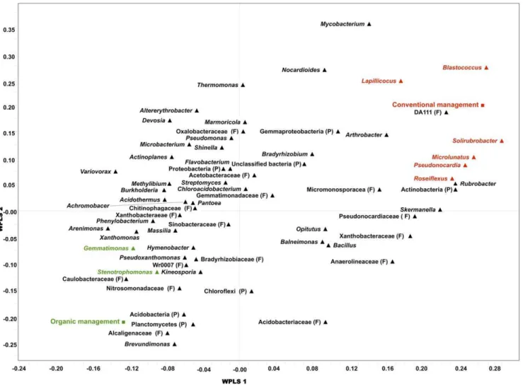 Figure 2. Partial least square discriminant analysis (PLS-DA) loading plot based on the relative abundance of the putative bacterial genera in soil microbiome and their association with organic or conventional treatments