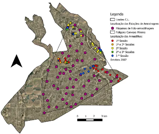 Figura 2 – Localização das estações de foto-armadilhagem e das armadilhas em cada sessão de  armadilhagem de caixa