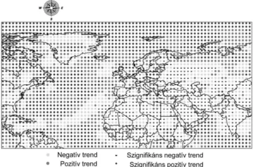 Fig. 2. Significant trend in wind speed data between 1956 and 2005 in Northern hemisphere 