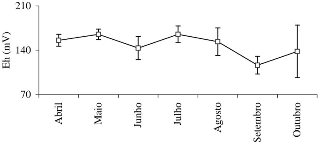 Figura 12: Média dos valores de Eh (potencial redox) nos meses de coleta. Barras verticais: 