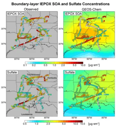 Figure 6. Spatial distributions of IEPOX SOA and sulfate concentrations in the boundary layer (&lt; 2 km) over the Southeast US during SEAC 4 RS (August–September 2013)