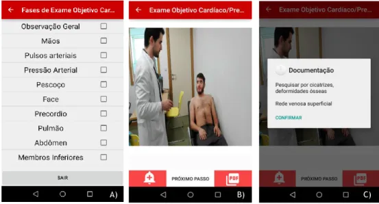 Figura  13:  Aplicação  Semiologia  Cardiovascular  A)  Tópicos  do  Exame  Objetivo  Cardíaco  B)  Interface  inicial da inspeção do precórdio C) Pop-up com informações chaves na inspeção