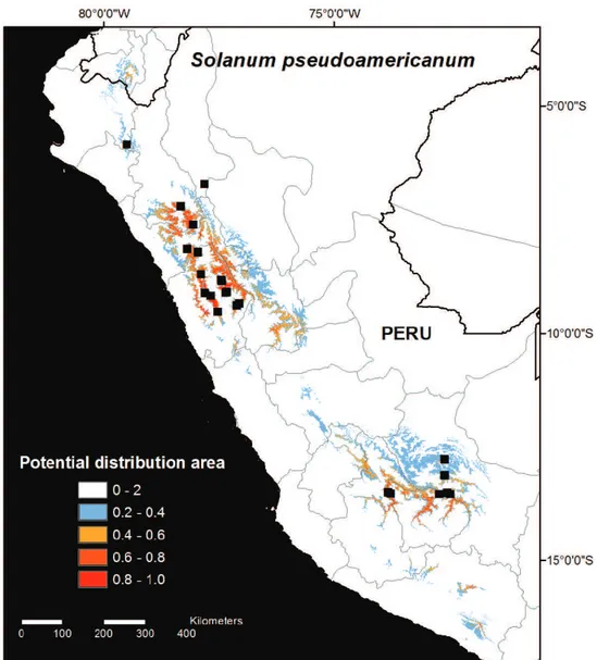 Figure 2. Distribution map of Solanum pseudoamericanum. he potential habitat areas relect the logistic  output of the MAXENT model produced using 11 climatic variables with all current known occurrence  records (N=26; Model 2).