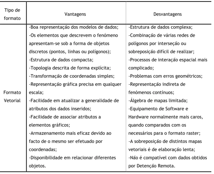 Tabela 3.1-  Vantagens e Desvantagens do formato vetorial e do formato raster.