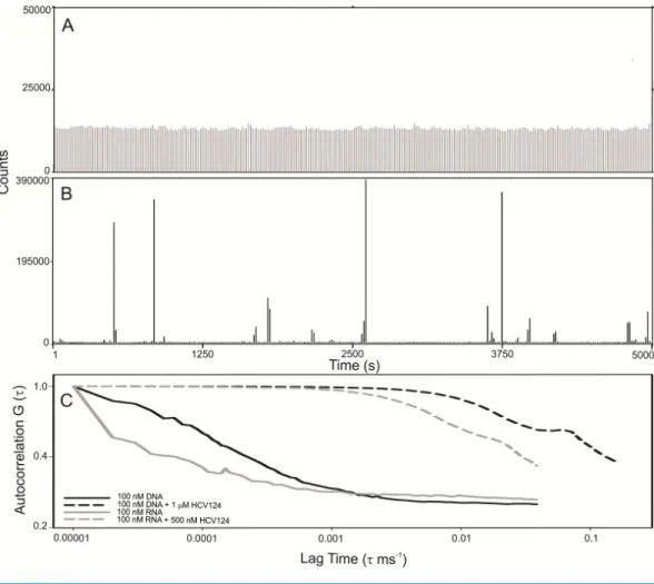 Figure 7 C-terminal truncated HCV core protein and unspecific nucleic acids (DNA or RNA) interac- interac-tion analyzed by fluorescence correlainterac-tion spectroscopy