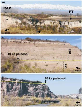 Fig. 2. Late Pleistocene–Holocene alluvial sequence at Arroyo La Estacada. (A) View of the three geomorphological units differentiated at the arroyo valley: regional aggradational plain (RAP), fill terrace (FT) and present floodplain (PF) (Zárate, 2002; Zá