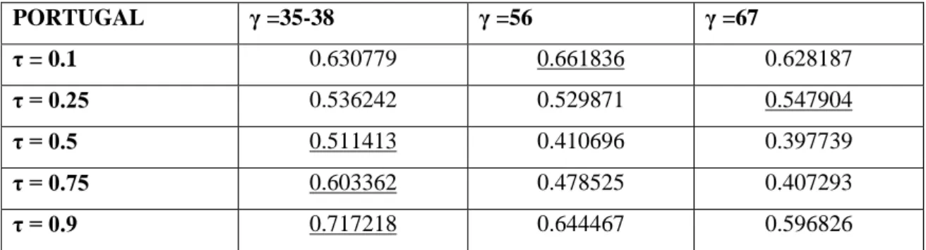 Table  7:  The  Portuguese  case  –  comparison  between  relevant  thresholds  across  all  quantiles  