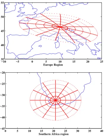 Fig. 1. Regions of interest for conjugate sprite experiment. In Southern Africa region, rings are centered on SAAO and are spaced at 200 km radius