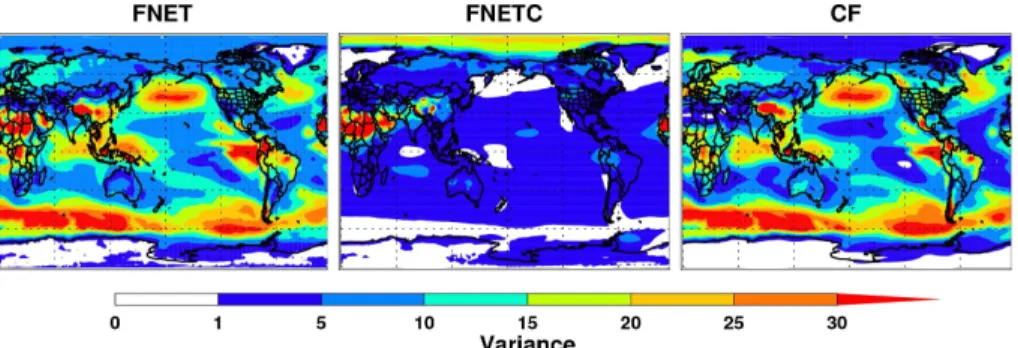 Fig. 6. Global spatial distribution of variance of FNET, FNETC, and CF (unit in W 2 m − 4 ) in response to the perturbations of 16 parameters from the 256 CAM5 simulations.