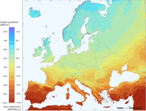 Figura 1.1 - Soma anual da radiação incidente numa superfície com uma inclinação otimizada e  orientada a sul nos países europeus em 2012 (PVGIS, 2016)