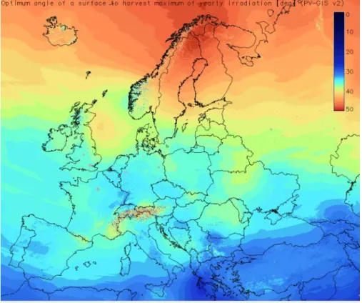 Figura 2.12 – Inclinação ótima do coletor nos países da Europa para funcionamento anual (PVGIS, 2016)