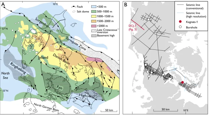 Fig. 1. Structural map of the Danish Basin ( A ) showing the thickness of the Upper Cretaceous – Danian Chalk Group (modified after Rasmussen &amp; 