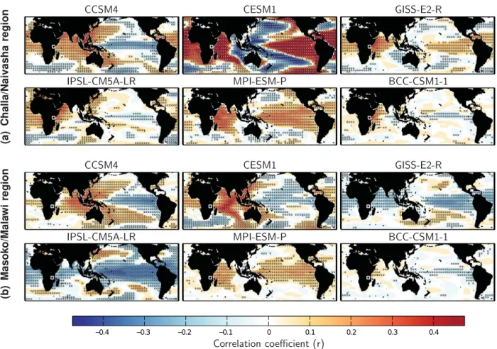 Figure 10. Pearson correlation coefficients between global SSTs and mean annual rainfall over the Challa–Naivasha (a) and Masoko–Malawi (b) regions, in climate models for the period 850–1850 AD
