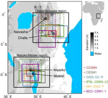 Figure 1. Location of lakes Challa, Naivasha, Masoko and Malawi in East Africa, along with the individual grid cells containing each of these four sites in six different CMIP5 models (dashed (plain) boxes for the grid cells that contain the lakes Naivasha 