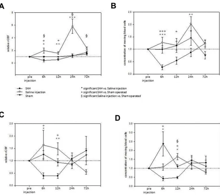 Fig. 3. Cerebral and cerebellar rCBF impairment during DCI. Fig. 3 summarizes impairment of regional cerebral blood flow and the concentration of moving blood cells in the S1 and cerebellar cortex related to pre-injection values at time points 6, 12, 24 an