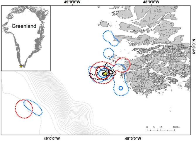 Figure 1.  Spatial distribution of foraging auks during the breeding season at Kitsissut Avalliit, Greenland